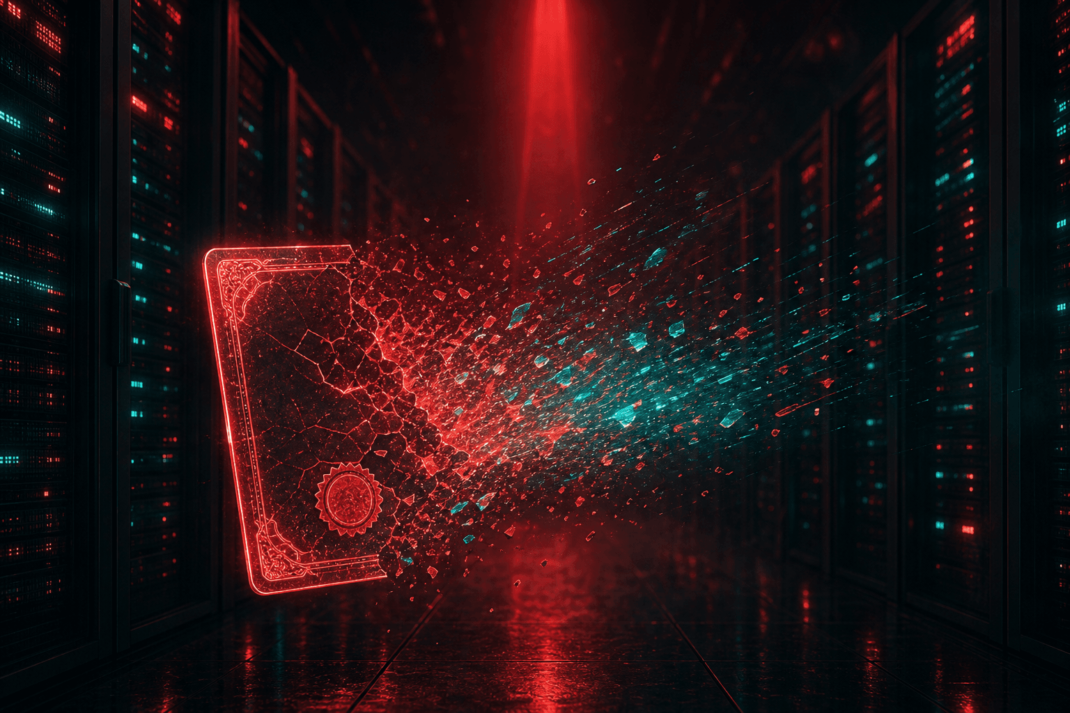 SSL Certificate Client Authentication Ends July 2026 SSL certificate client authentication - a glowing padlock with a red X symbol in front of server racks representing the end of TLS client authentication from public certificate authorities